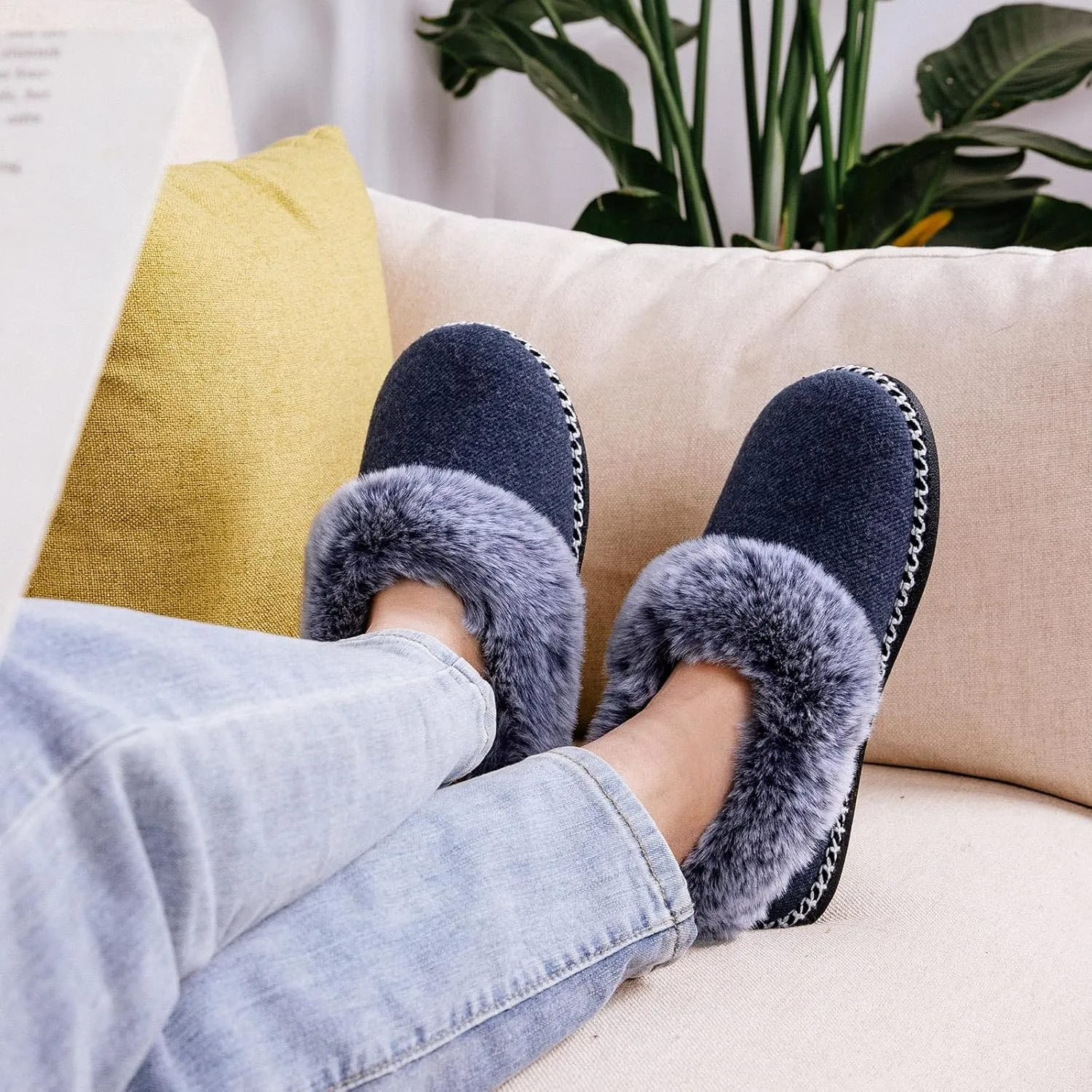 EverFoams Women's Bootie Slippers Warm Soft Comfy Memory Foam Non-slip Indoor House Shoes with Fluffy Collar
