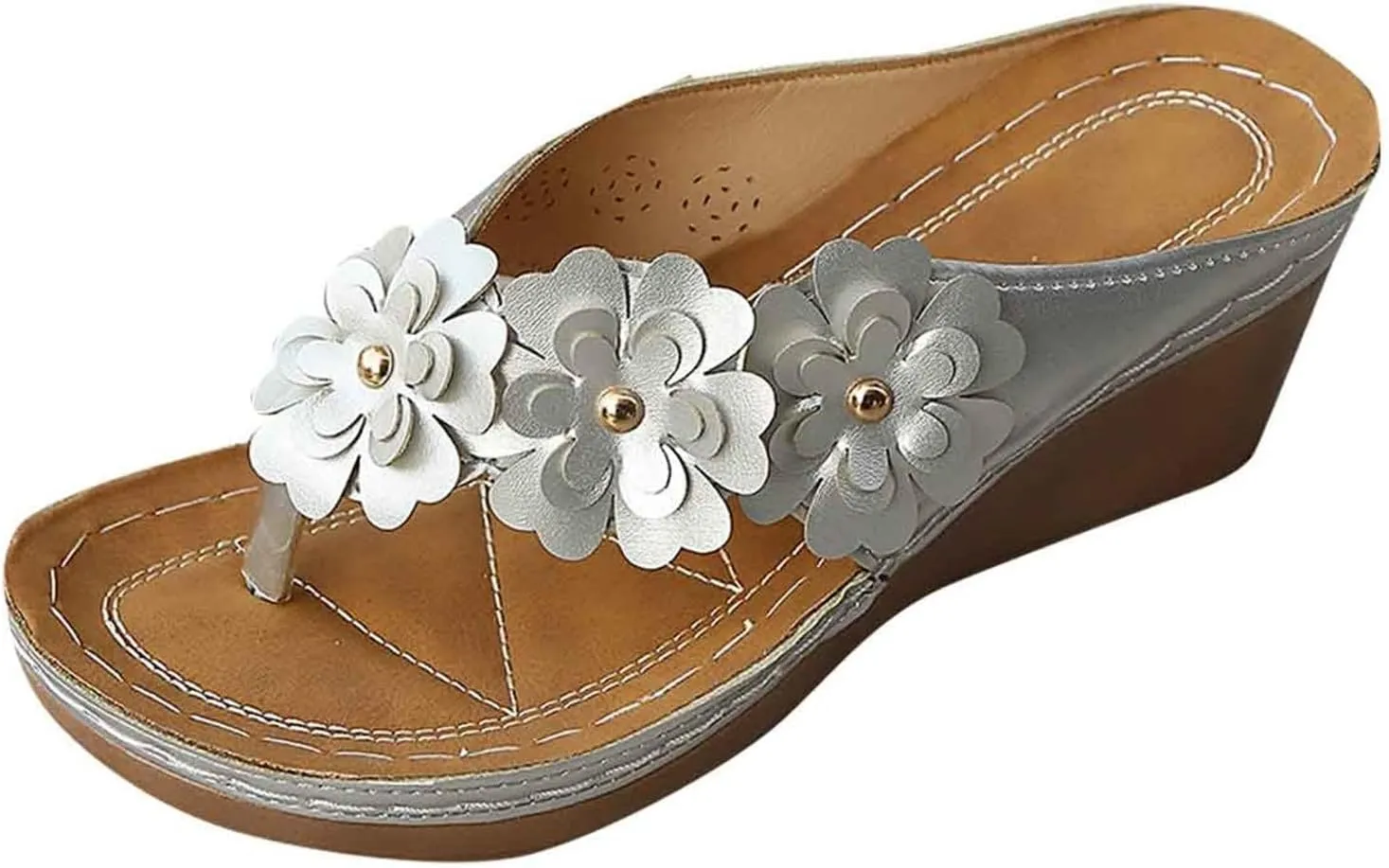 Fashion Ladies Summer Sandal,2025 Three Flowers Thick Bottom Slope Heel Clip Toe Beach Sandals,Women Comfortable soft-soled Sandal