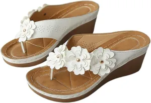 Fashion Ladies Summer Sandal,2025 Three Flowers Thick Bottom Slope Heel Clip Toe Beach Sandals,Women Comfortable soft-soled Sandal