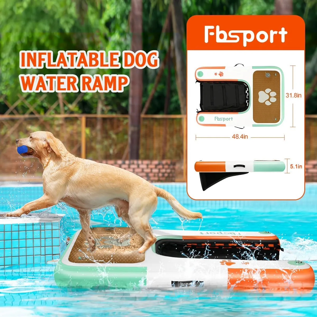 FBSPORT Inflatable Dog Boat Ramp Floating Dock Water Ramp Ladder for Pool, Boat, Non-Slip EVA Floating Ladder Pool Ramp for Dog Up to 220 LBs, Safe & Easy Access Dog Pool Ramp
