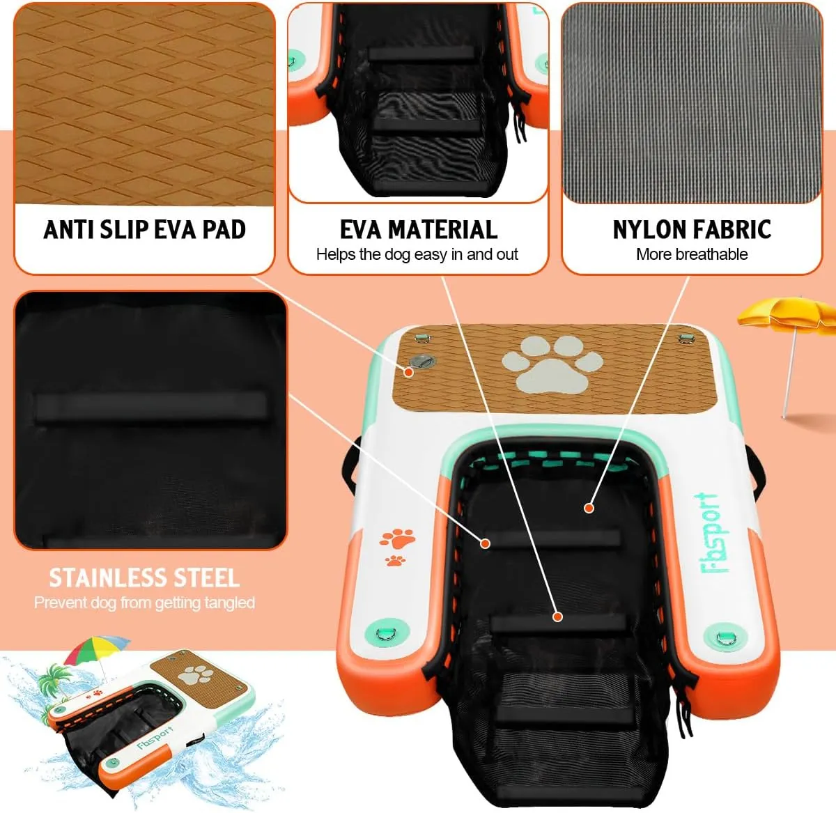 FBSPORT Inflatable Dog Boat Ramp Floating Dock Water Ramp Ladder for Pool, Boat, Non-Slip EVA Floating Ladder Pool Ramp for Dog Up to 220 LBs, Safe & Easy Access Dog Pool Ramp