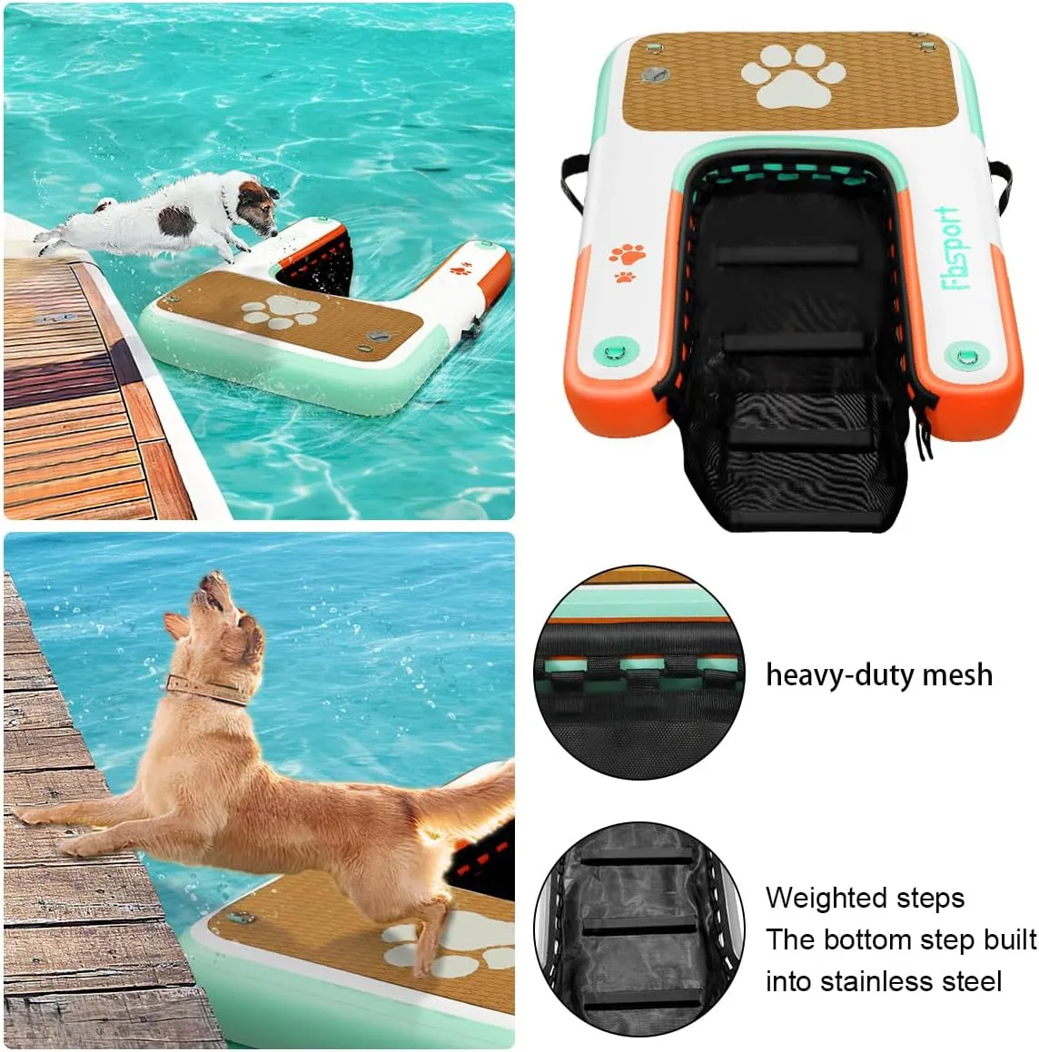 FBSPORT Inflatable Dog Boat Ramp Floating Dock Water Ramp Ladder for Pool, Boat, Non-Slip EVA Floating Ladder Pool Ramp for Dog Up to 220 LBs, Safe & Easy Access Dog Pool Ramp