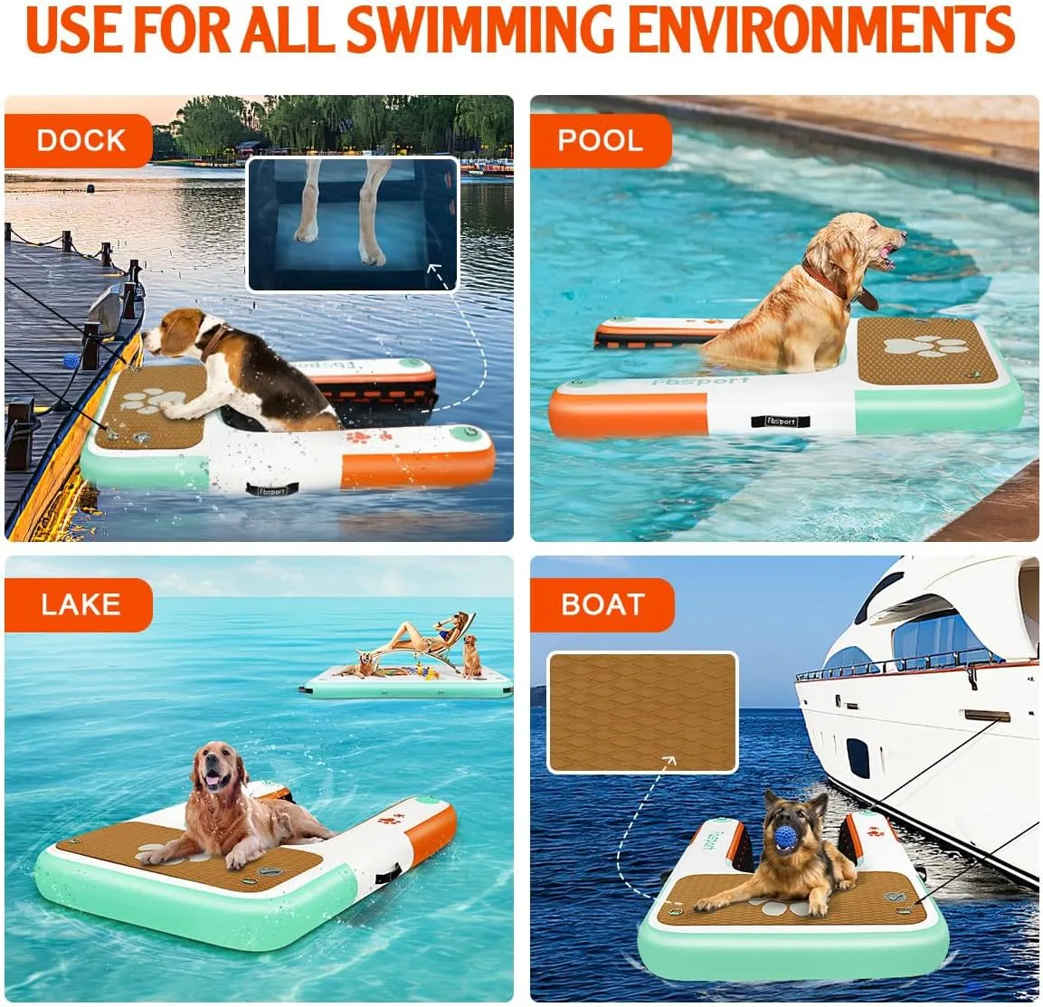 FBSPORT Inflatable Dog Boat Ramp Floating Dock Water Ramp Ladder for Pool, Boat, Non-Slip EVA Floating Ladder Pool Ramp for Dog Up to 220 LBs, Safe & Easy Access Dog Pool Ramp