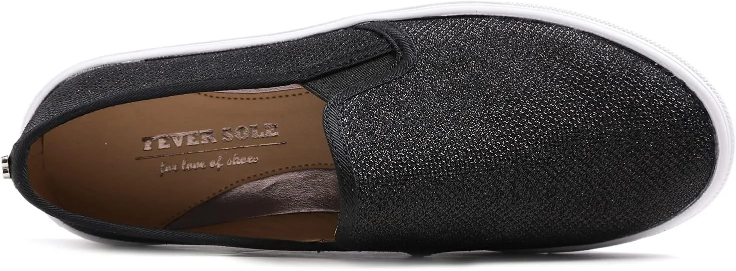 FEVERSOLE Women's Fashion Shiny Soft Slip On Sneaker Sparkle Casual Comfort Loafers