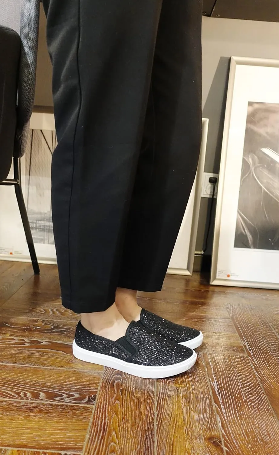 FEVERSOLE Women's Fashion Shiny Soft Slip On Sneaker Sparkle Casual Comfort Loafers