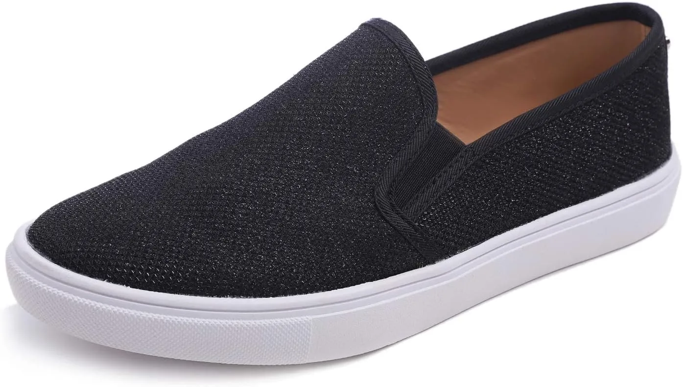FEVERSOLE Women's Fashion Shiny Soft Slip On Sneaker Sparkle Casual Comfort Loafers