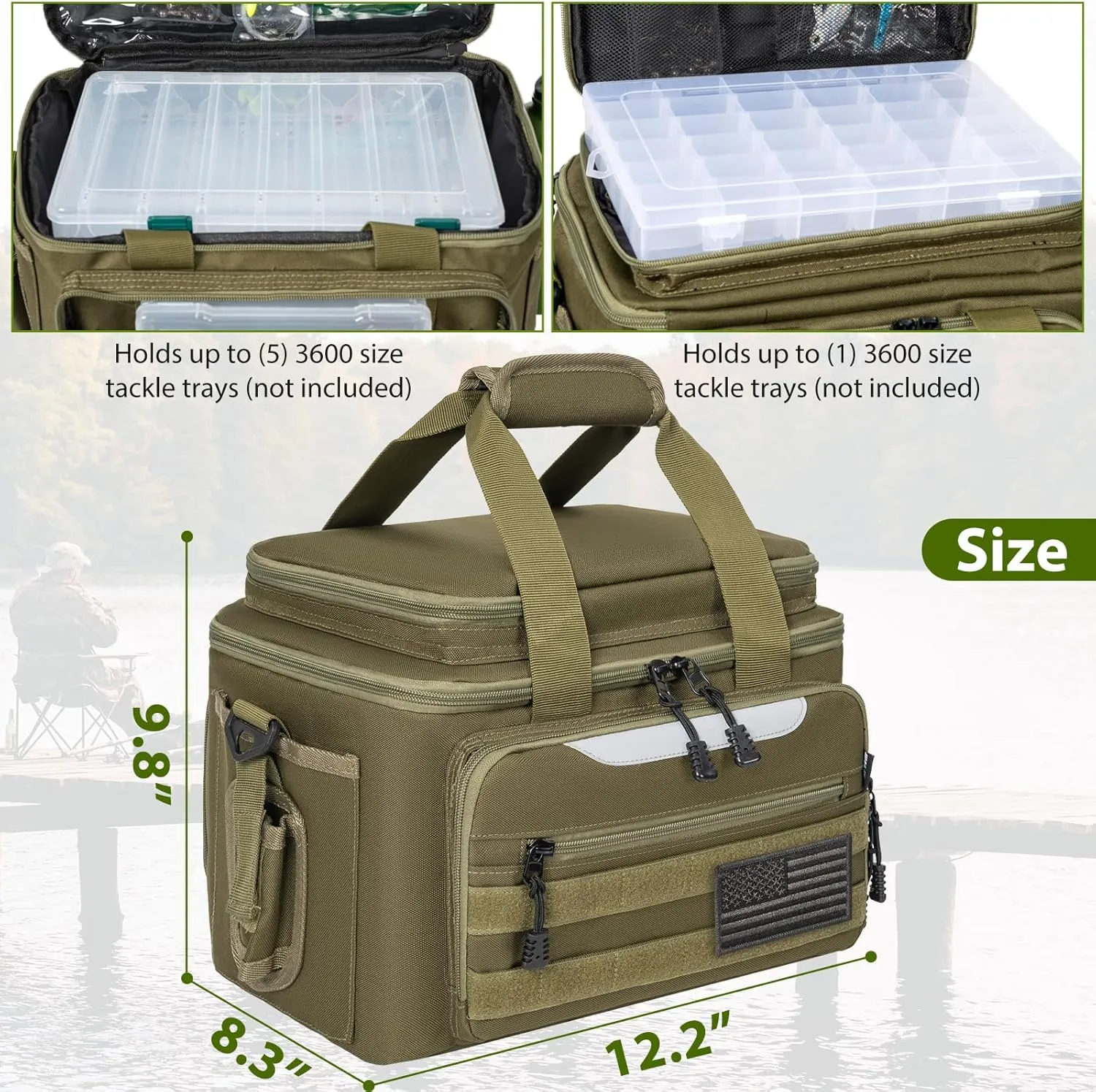 Fishing Tackle Bag for Fishing, Water Resistant Fishing Gear Storage Bag, Soft Tackle Box Storage Case for Saltwater or Freshwater (Green)