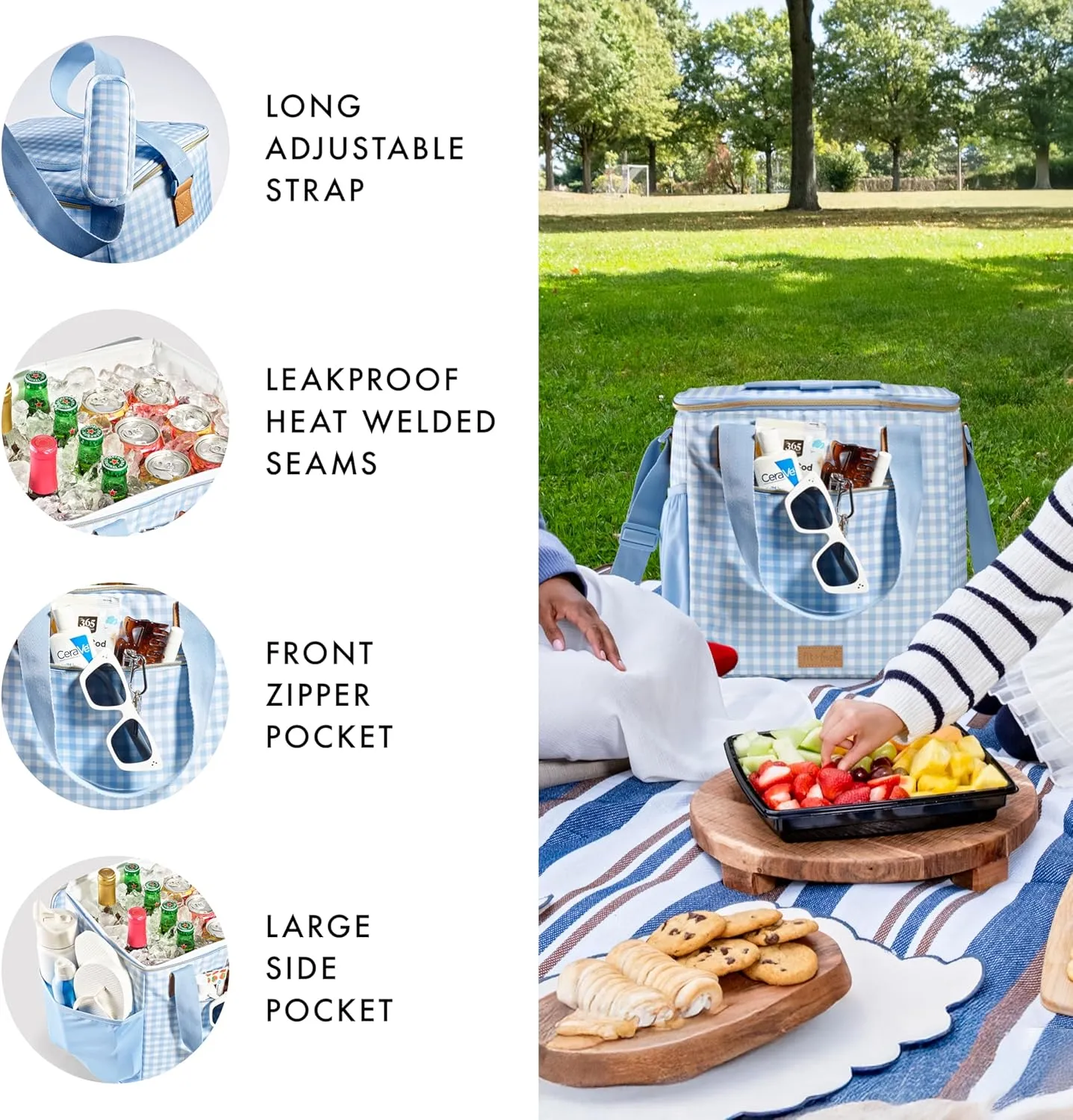 Fit & Fresh, 24-Can Soft Cooler Bag Insulated Leak Proof, Portable Soft Cooler, Large Cooler, Soft Sided Cooler Bag, Travel Cooler, Blue Gingham