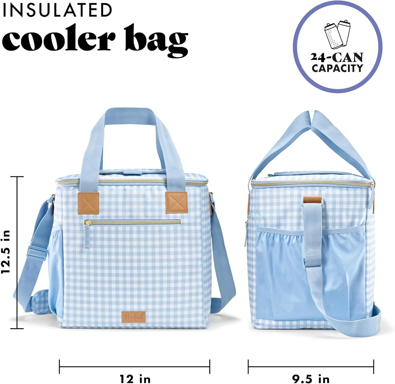 Fit & Fresh, 24-Can Soft Cooler Bag Insulated Leak Proof, Portable Soft Cooler, Large Cooler, Soft Sided Cooler Bag, Travel Cooler, Blue Gingham