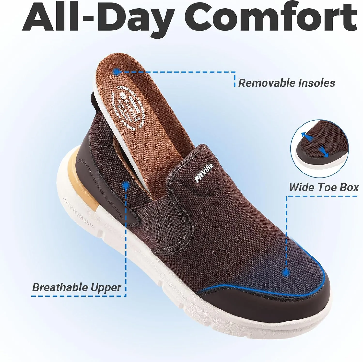 FitVille Men's Extra Wide Slip on Walking Shoes, Lightweight Non-Slip Breathable Casual Loafers for Standing All Day