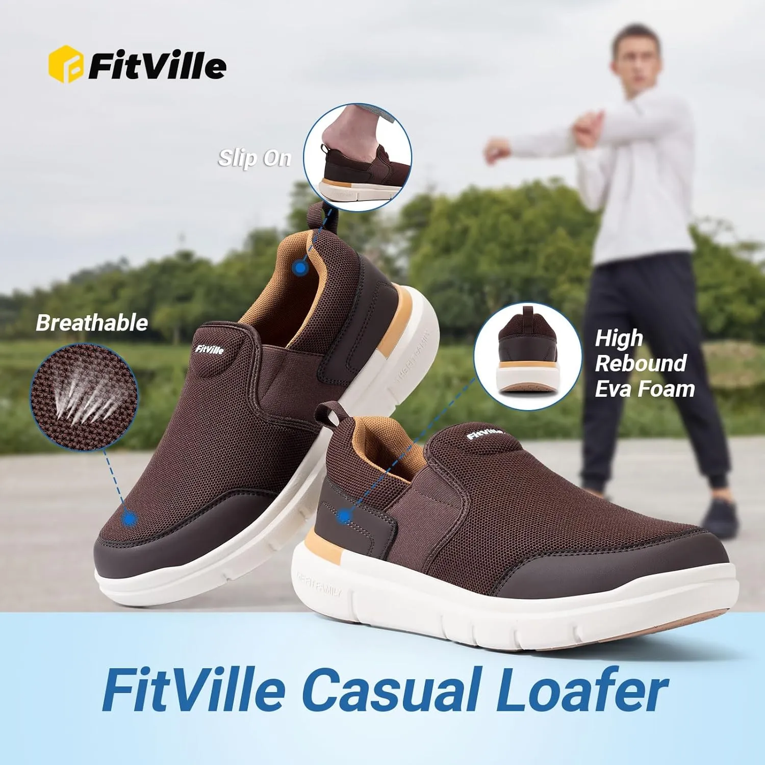 FitVille Men's Extra Wide Slip on Walking Shoes, Lightweight Non-Slip Breathable Casual Loafers for Standing All Day