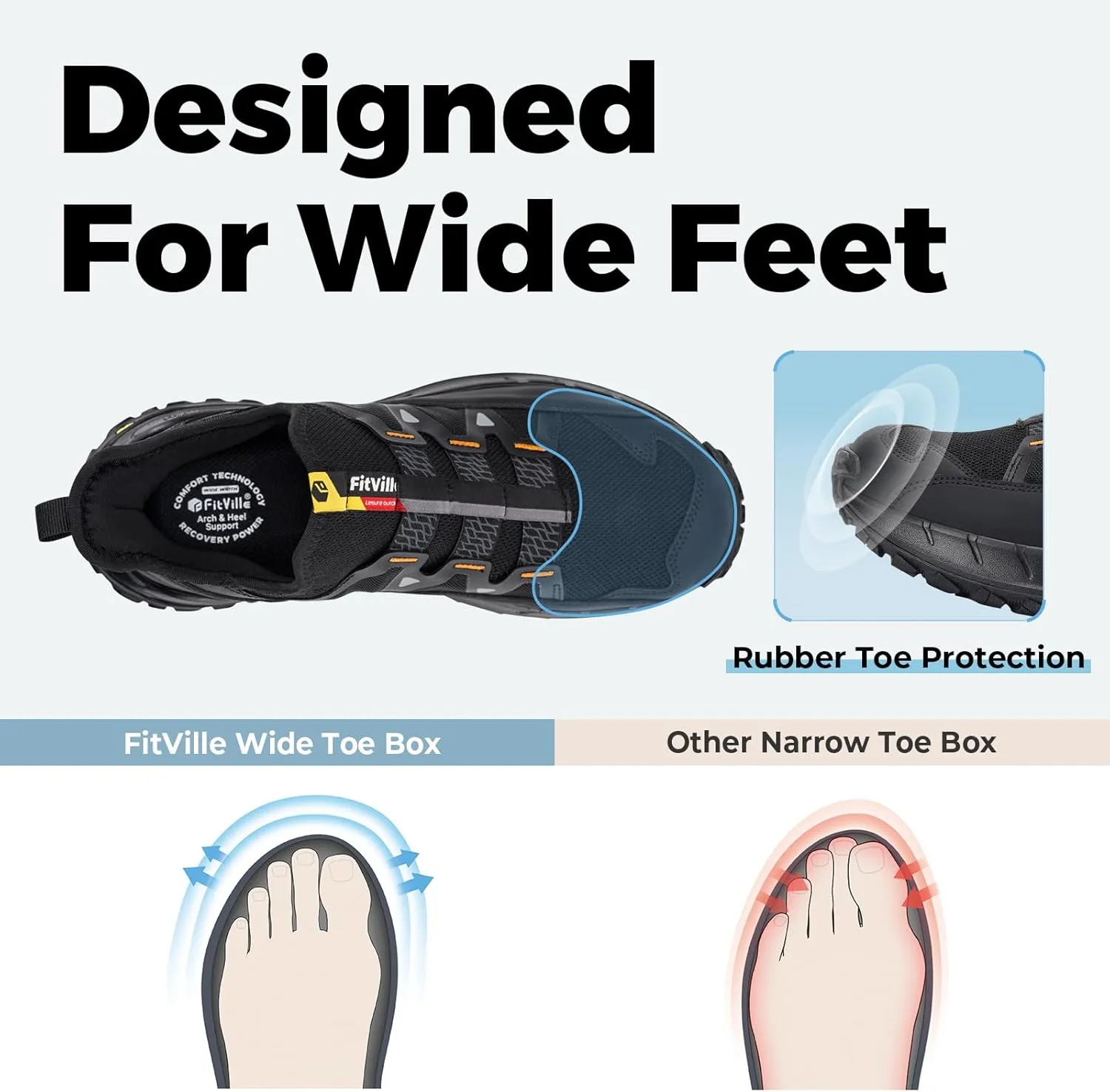 FitVille Men's Extra Wide Sneakers, Grey, Slip-On, Soft Comfortable, Arch Support, Wide Toe Box, Slip Resistant, Hiking, Walking, Running Shoes