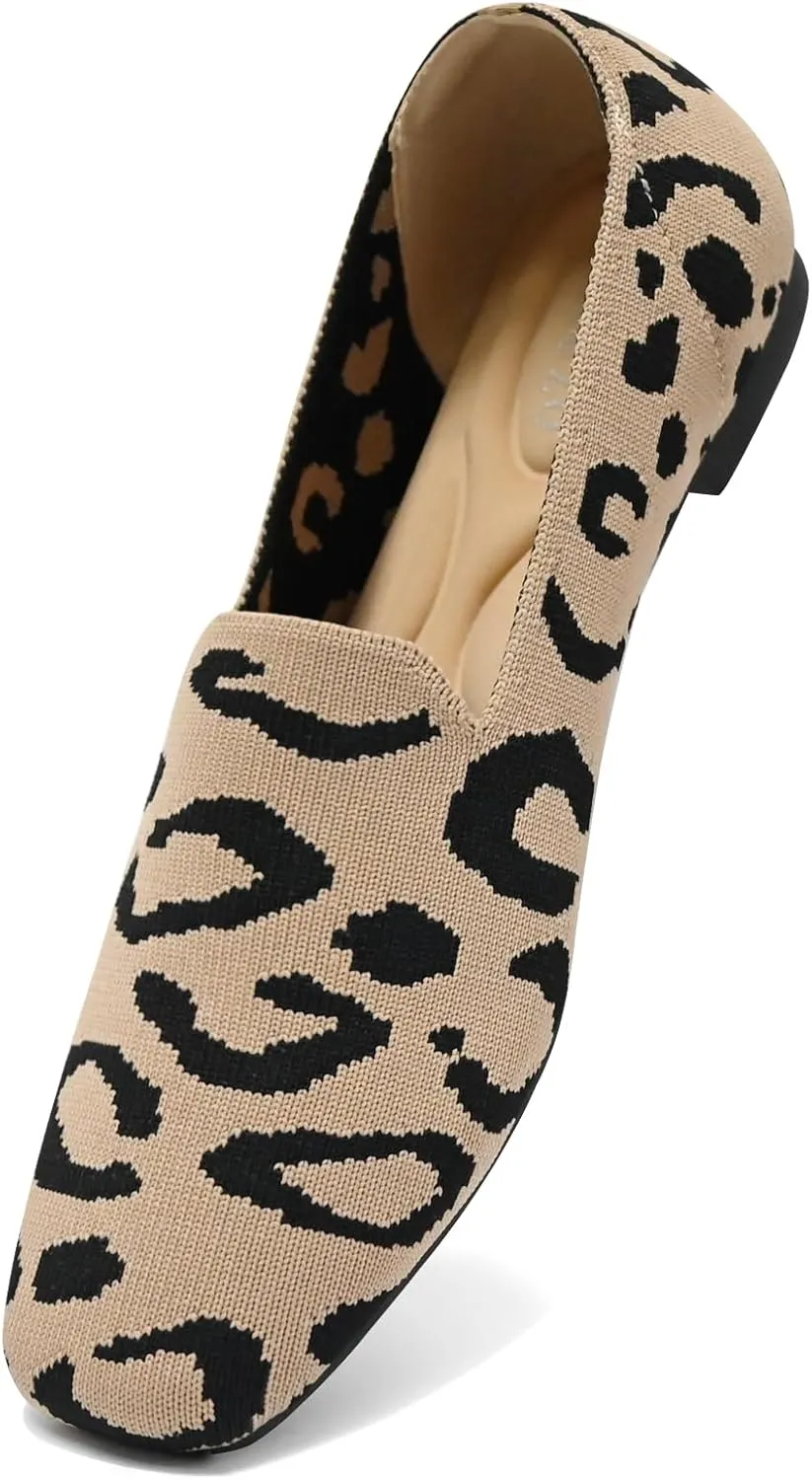 Flat Shoes for Women with Mesh Knitted Square Toe Ballet Flats Soft Slip On Walking Shoes Comfortable Office Shoes