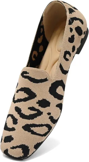 Flat Shoes for Women with Mesh Knitted Square Toe Ballet Flats Soft Slip On Walking Shoes Comfortable Office Shoes