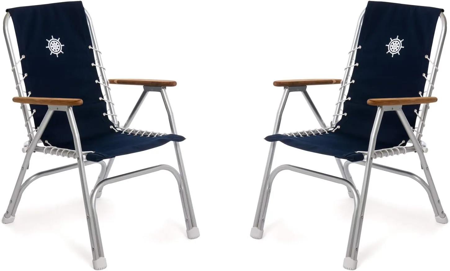FORMA MARINE Boat Chairs High Back Navy Blue Deck Folding Marine Aluminum Teak Furniture Set of 2 M150NB