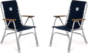 FORMA MARINE Boat Chairs High Back Navy Blue Deck Folding Marine Aluminum Teak Furniture Set of 2 M150NB