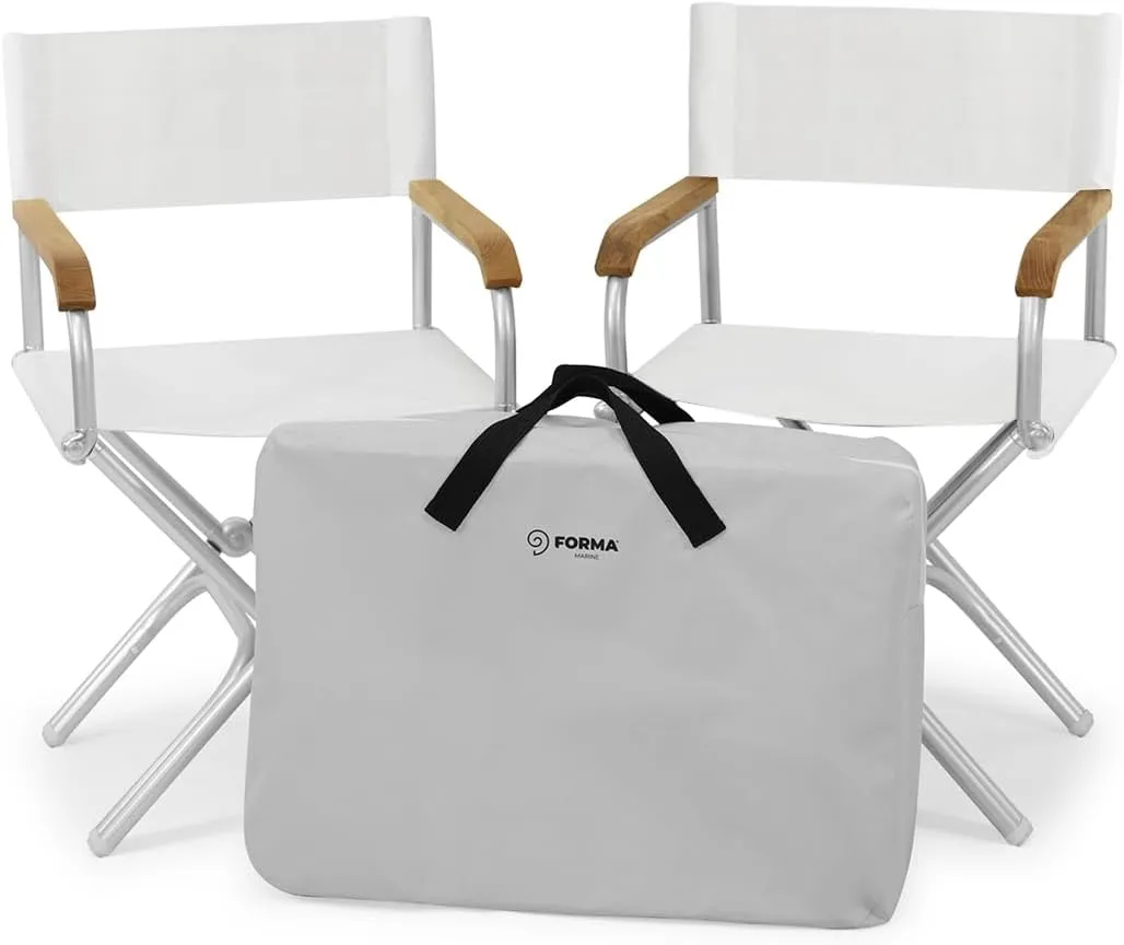FORMA MARINE - SET OF 2 High-End Folding Aluminum Boat Chairs WHITE Vinyl with Teak Armrests, includes protective Bag - ASTRON BA6000VWT-C