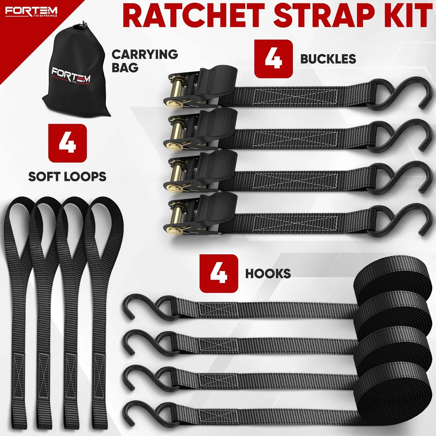 FORTEM Ratchet Straps, 1650lb Break Strength, 4 Pack 15ft x 1in Tie Down Strap Set, 4 Soft Loops, Motorcycle Straps Tie Downs, Cargo Cam Buckles for Trucks, Rubber Handles, Carry Bag