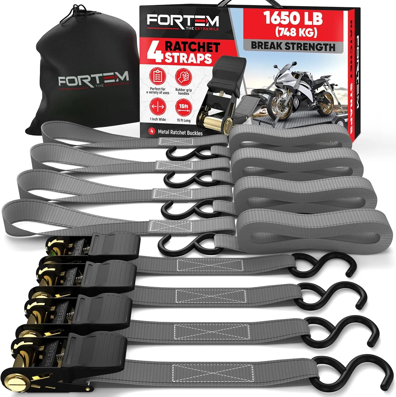 FORTEM Ratchet Straps, 1650lb Break Strength, 4 Pack 15ft x 1in Tie Down Strap Set, 4 Soft Loops, Motorcycle Straps Tie Downs, Cargo Cam Buckles for Trucks, Rubber Handles, Carry Bag