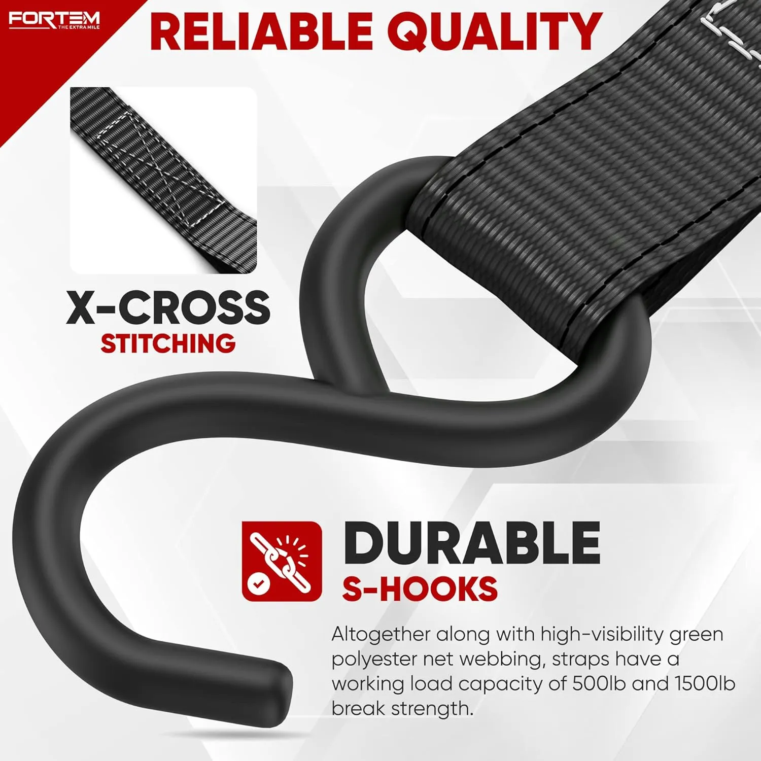 FORTEM Ratchet Straps, 1650lb Break Strength, 4 Pack 15ft x 1in Tie Down Strap Set, 4 Soft Loops, Motorcycle Straps Tie Downs, Cargo Cam Buckles for Trucks, Rubber Handles, Carry Bag