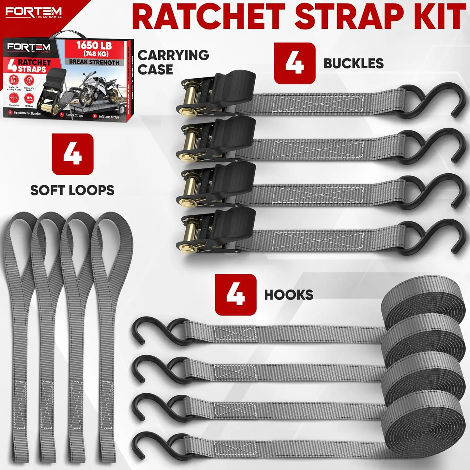 FORTEM Ratchet Straps, 1650lb Break Strength, 4 Pack 15ft x 1in Tie Down Strap Set, 4 Soft Loops, Motorcycle Straps Tie Downs, Cargo Cam Buckles for Trucks, Rubber Handles, Carry Bag