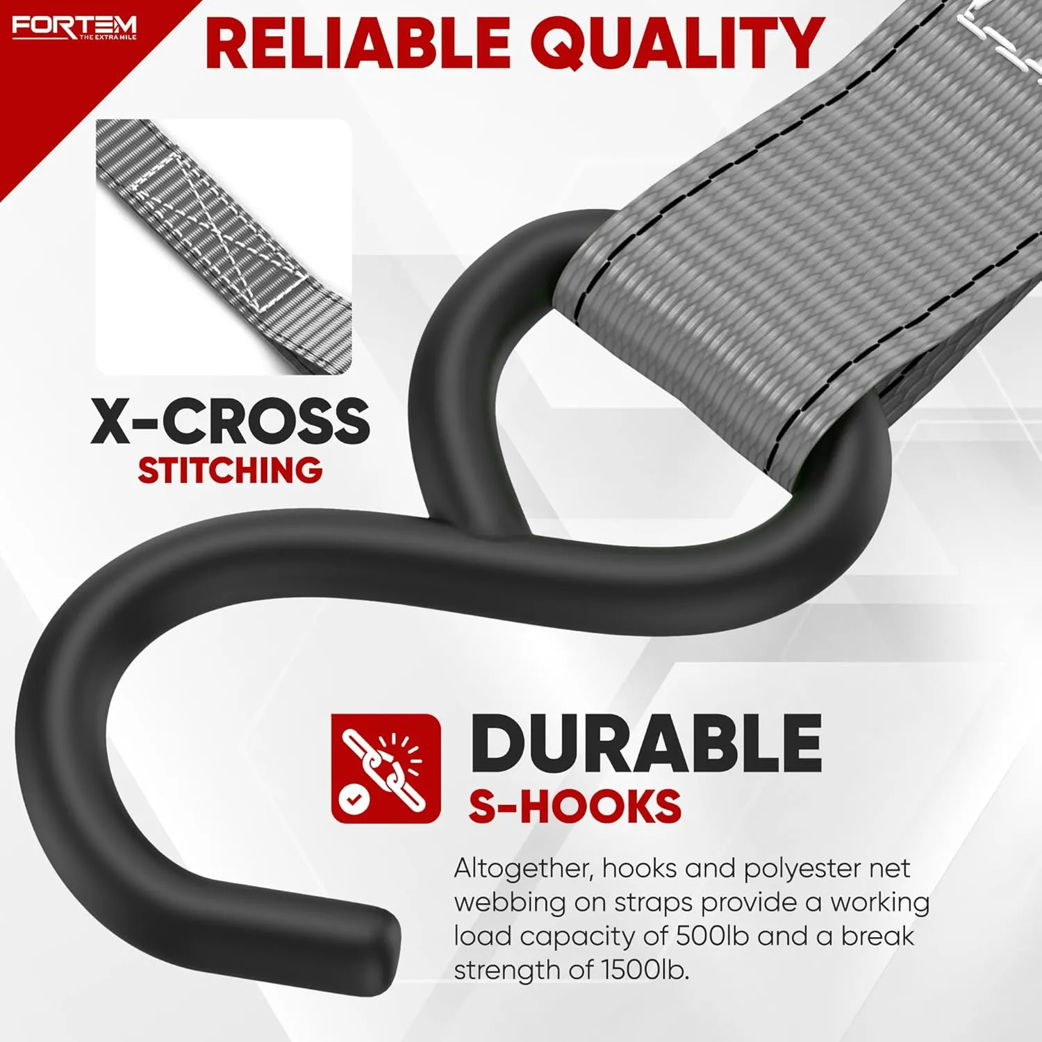 FORTEM Ratchet Straps, 1650lb Break Strength, 4 Pack 15ft x 1in Tie Down Strap Set, 4 Soft Loops, Motorcycle Straps Tie Downs, Cargo Cam Buckles for Trucks, Rubber Handles, Carry Bag