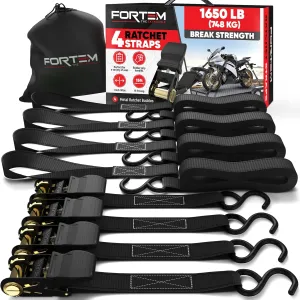 FORTEM Ratchet Straps, 1650lb Break Strength, 4 Pack 15ft x 1in Tie Down Strap Set, 4 Soft Loops, Motorcycle Straps Tie Downs, Cargo Cam Buckles for Trucks, Rubber Handles, Carry Bag