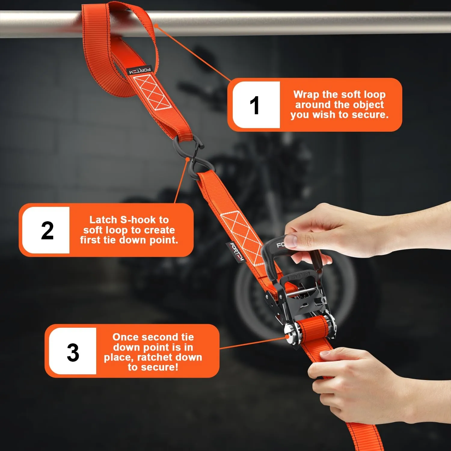 FORTEM Ratchet Tie Down Straps, 5208lb Break Strength, 4 Pack 10ft x 1.5in Heavy Duty Straps, 4 Soft Loops, Cam Buckles for Motorcycles, Safety Lock S Hooks, Carry Bag