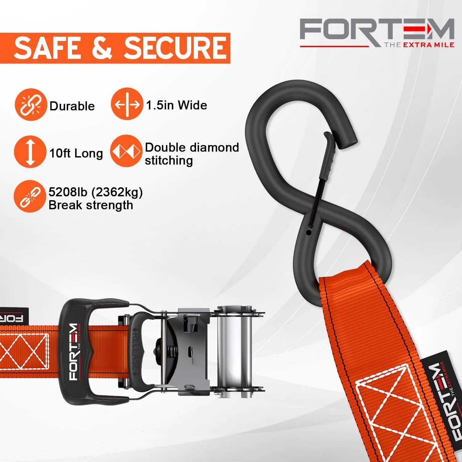 FORTEM Ratchet Tie Down Straps, 5208lb Break Strength, 4 Pack 10ft x 1.5in Heavy Duty Straps, 4 Soft Loops, Cam Buckles for Motorcycles, Safety Lock S Hooks, Carry Bag