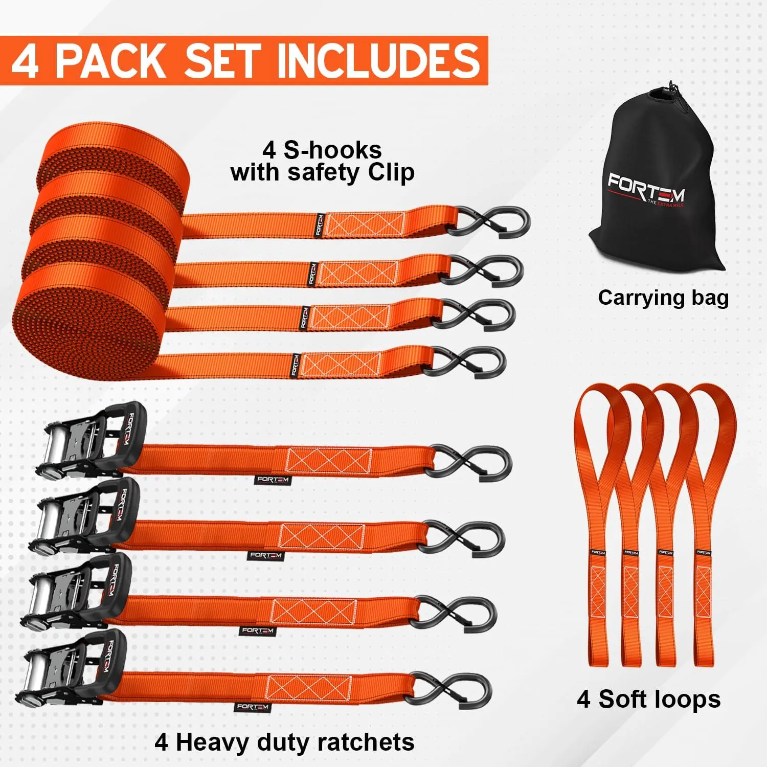 FORTEM Ratchet Tie Down Straps, 5208lb Break Strength, 4 Pack 10ft x 1.5in Heavy Duty Straps, 4 Soft Loops, Cam Buckles for Motorcycles, Safety Lock S Hooks, Carry Bag