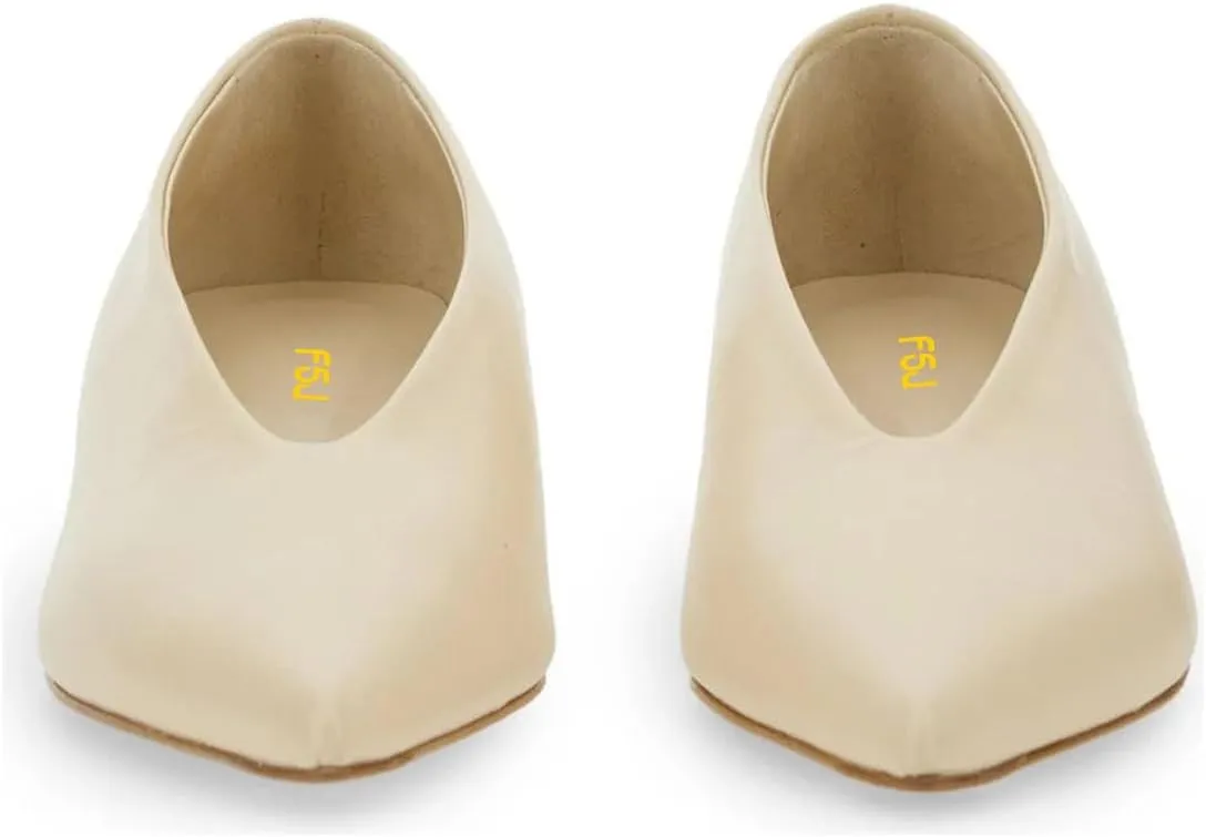 FSJ Women Fashion Pointed Toe V Cut Low Kitten Heel Slip On Pumps Soft Leather Ladies Daily Comfort Basic Dress Shoes Size 4-15 US