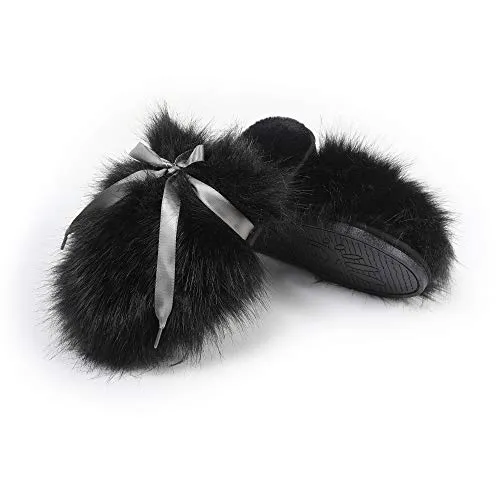 Fur Story FS20S09 Women's Faux Fur Slippers Memory Foam Cozy House Slipper Shoes Soft Flat Slide Sandals Indoor Outdoor