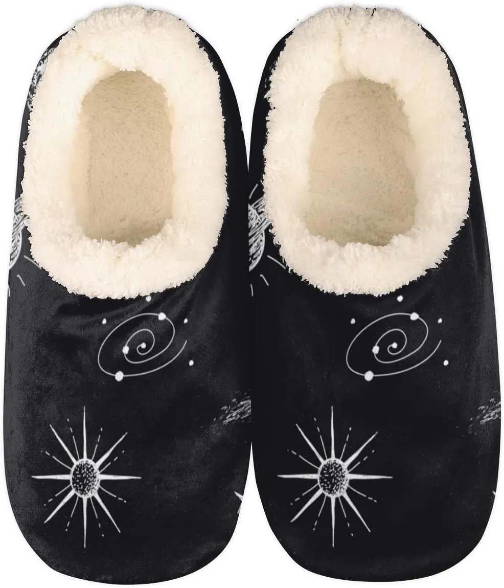 Galaxy Planet Women Closed Back House Slippers, Cosmic Planet Womens Mens Winter Indoor Slippers, Soft Cozy Warm Fuzzy Memory Foam Anti-Slip Slippers