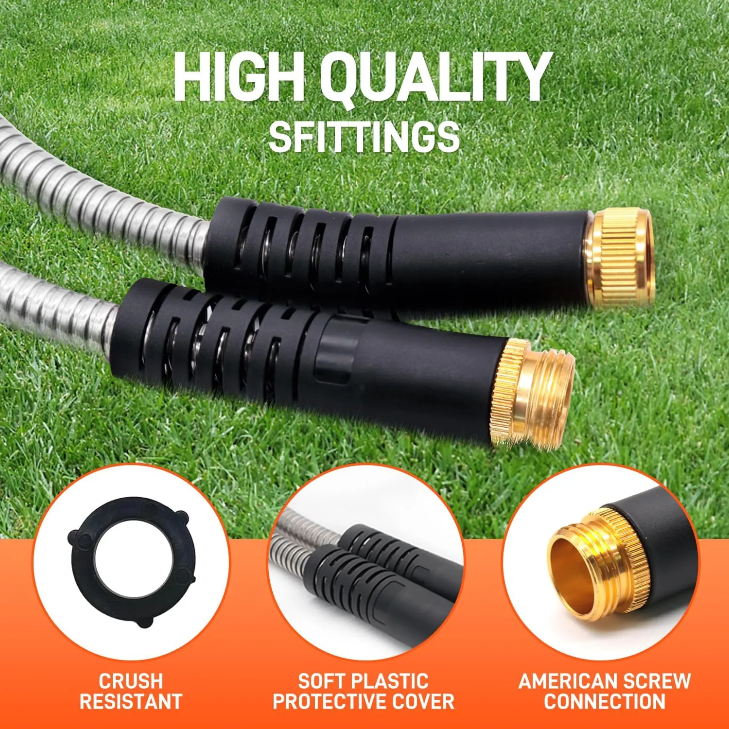 Garden Hose 50FT Stainless Steel Water Hose with 10 Functions Adjustable Spray Nozzle, Heavy-Duty Metal Garden Hose Flexible Durable No-Tangle & Kink Leak Dog Proof Hose for Yard Lawn(Orange)
