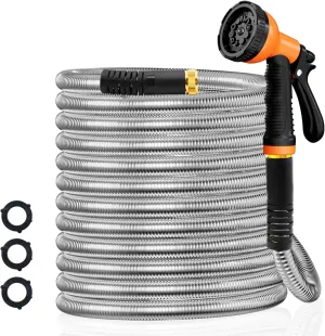 Garden Hose 50FT Stainless Steel Water Hose with 10 Functions Adjustable Spray Nozzle, Heavy-Duty Metal Garden Hose Flexible Durable No-Tangle & Kink Leak Dog Proof Hose for Yard Lawn(Orange)