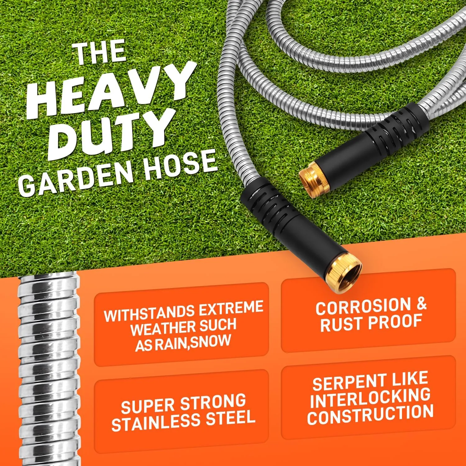 Garden Hose 50FT Stainless Steel Water Hose with 10 Functions Adjustable Spray Nozzle, Heavy-Duty Metal Garden Hose Flexible Durable No-Tangle & Kink Leak Dog Proof Hose for Yard Lawn(Orange)