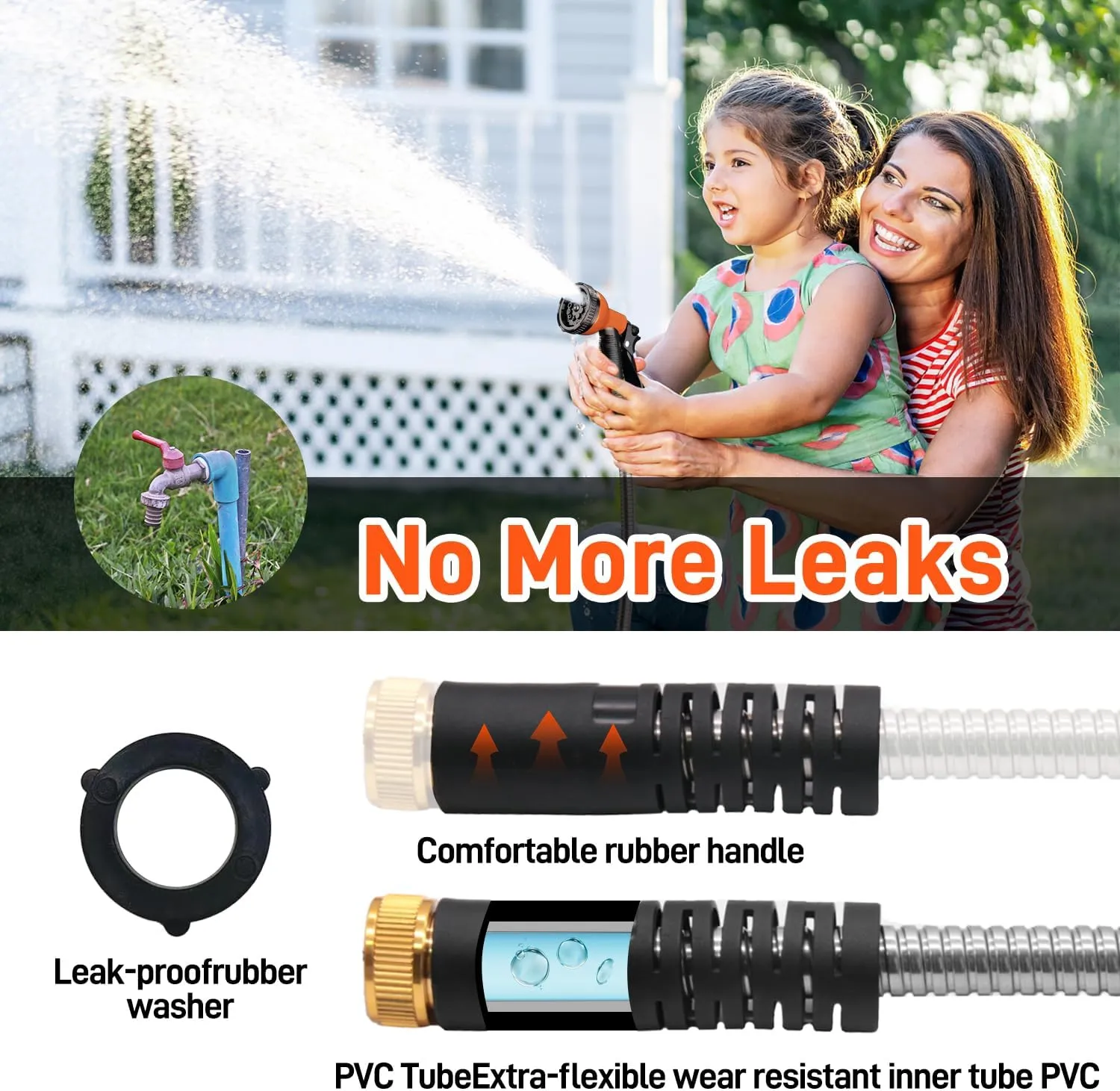 Garden Hose 50FT Stainless Steel Water Hose with 10 Functions Adjustable Spray Nozzle, Heavy-Duty Metal Garden Hose Flexible Durable No-Tangle & Kink Leak Dog Proof Hose for Yard Lawn(Orange)