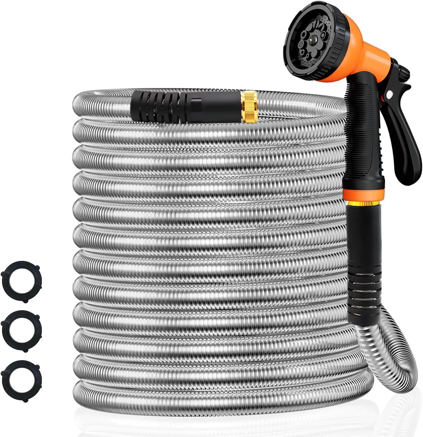Garden Hose 50FT Stainless Steel Water Hose with 10 Functions Adjustable Spray Nozzle, Heavy-Duty Metal Garden Hose Flexible Durable No-Tangle & Kink Leak Dog Proof Hose for Yard Lawn(Orange)