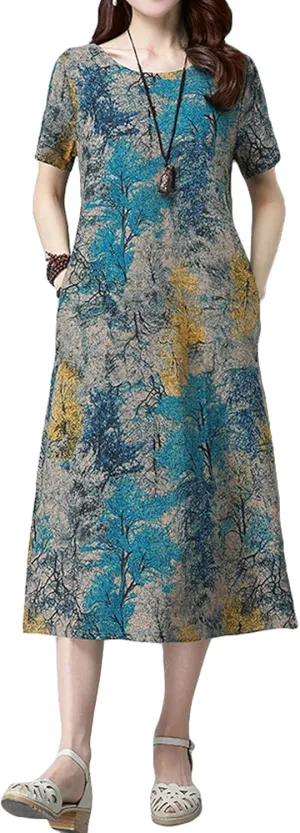 GGUHHU Womens Relaxed Fit Color Block Print Cotton Linen Midi Dress with Pockets