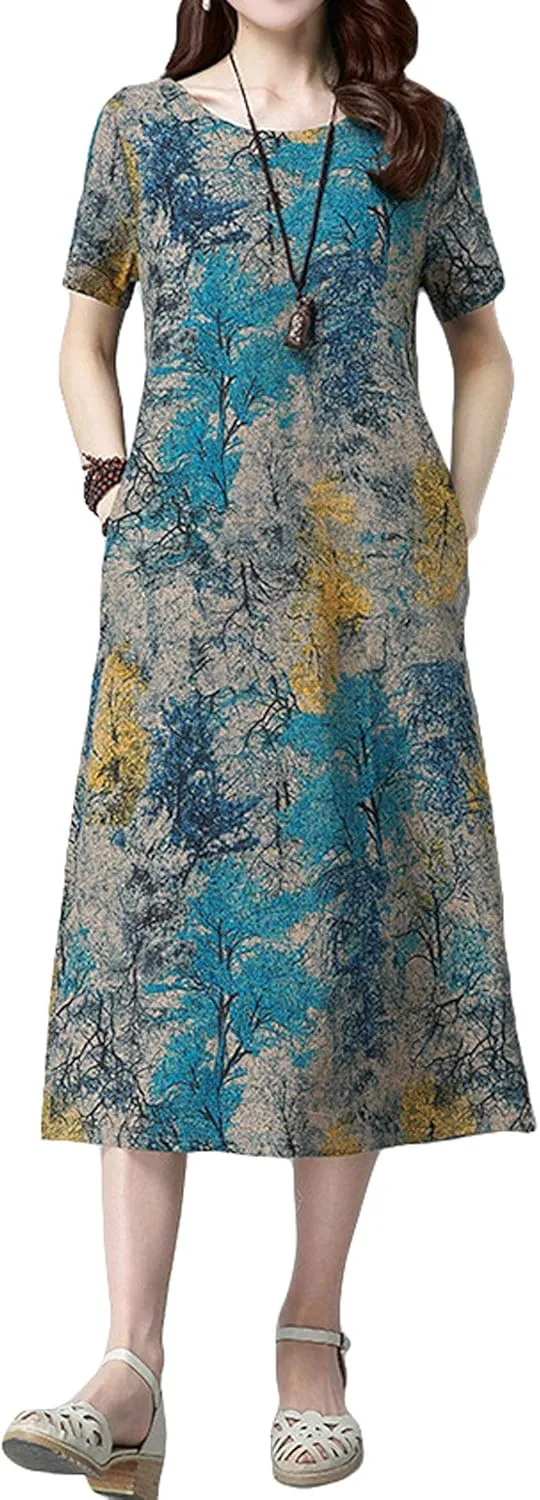 GGUHHU Womens Relaxed Fit Color Block Print Cotton Linen Midi Dress with Pockets