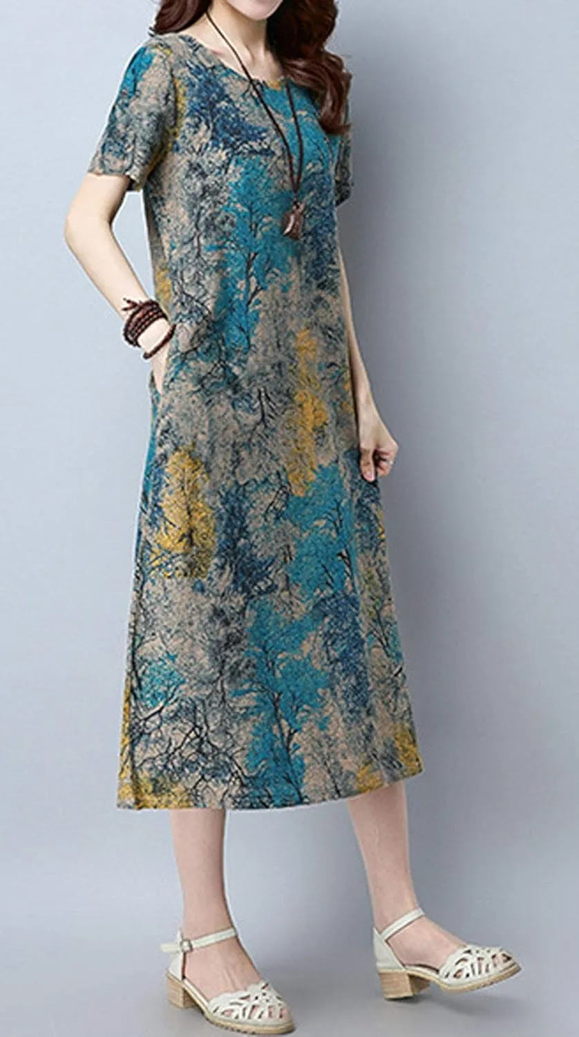 GGUHHU Womens Relaxed Fit Color Block Print Cotton Linen Midi Dress with Pockets