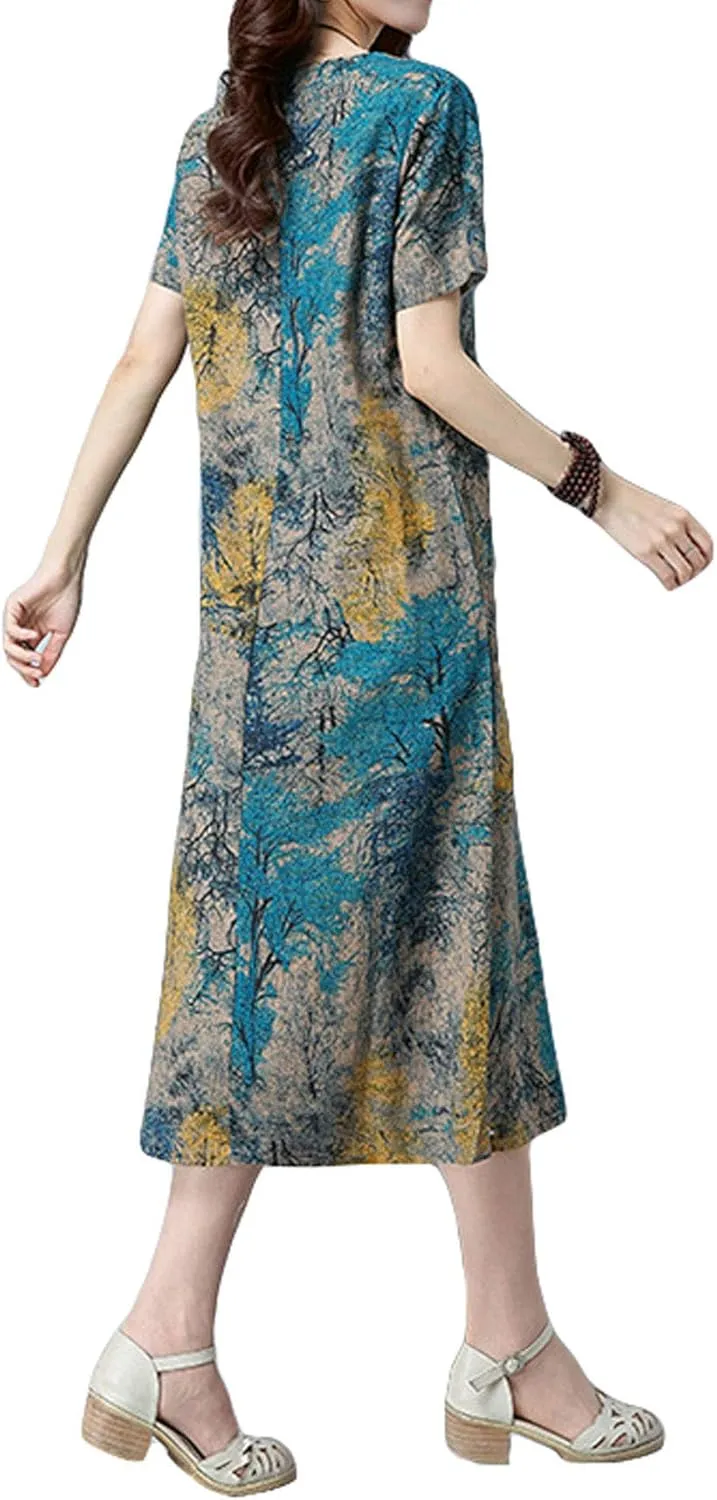 GGUHHU Womens Relaxed Fit Color Block Print Cotton Linen Midi Dress with Pockets