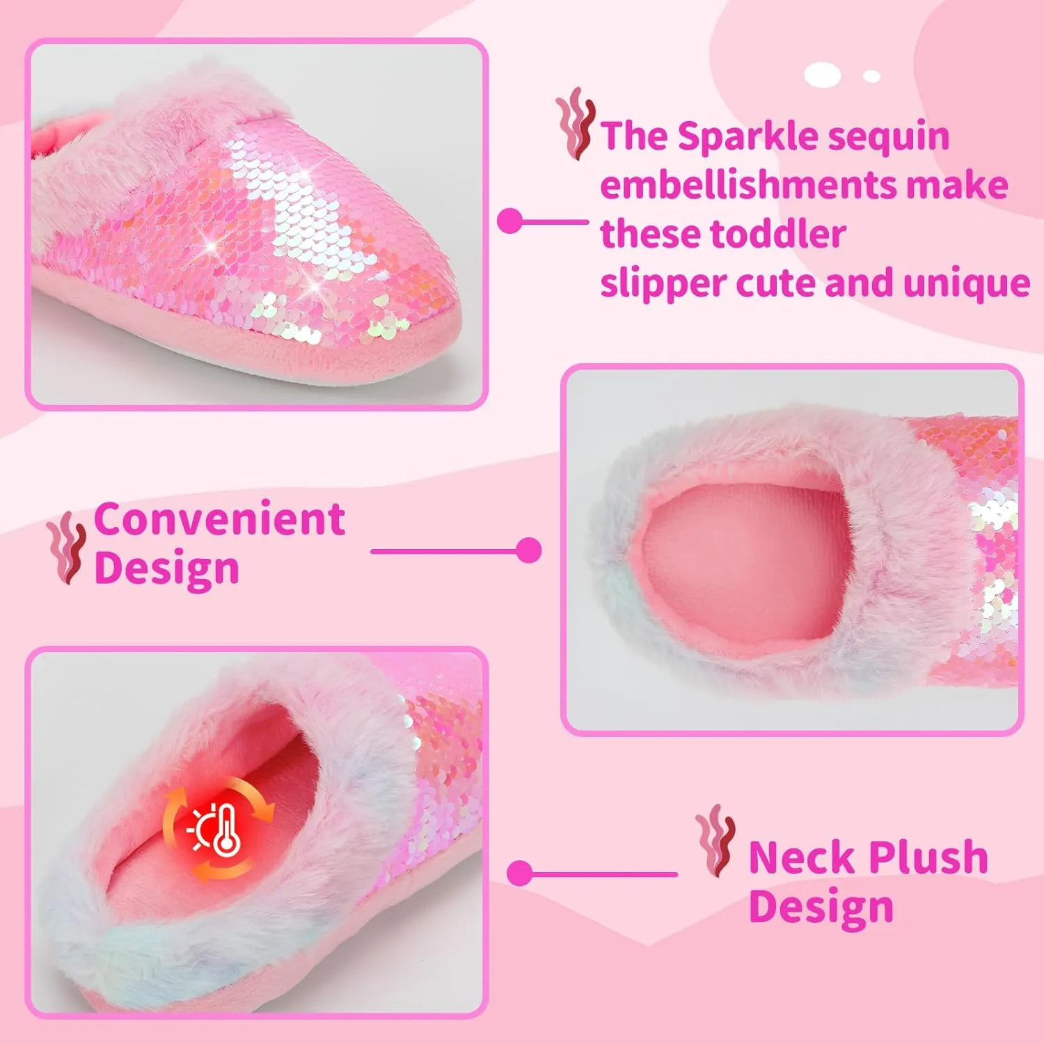 Girls Plush Sequin Slippers With Sleep Mask, Cute Faux Fur Slip-on Shoes Memory Foam House Shoes for Girls Bedroom Slippers