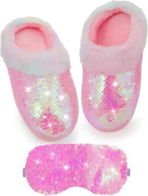 Girls Plush Sequin Slippers With Sleep Mask, Cute Faux Fur Slip-on Shoes Memory Foam House Shoes for Girls Bedroom Slippers