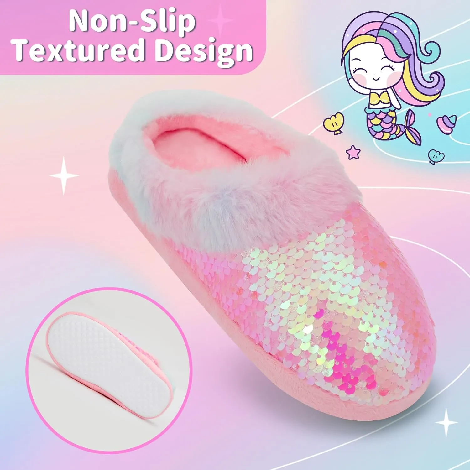 Girls Plush Sequin Slippers With Sleep Mask, Cute Faux Fur Slip-on Shoes Memory Foam House Shoes for Girls Bedroom Slippers