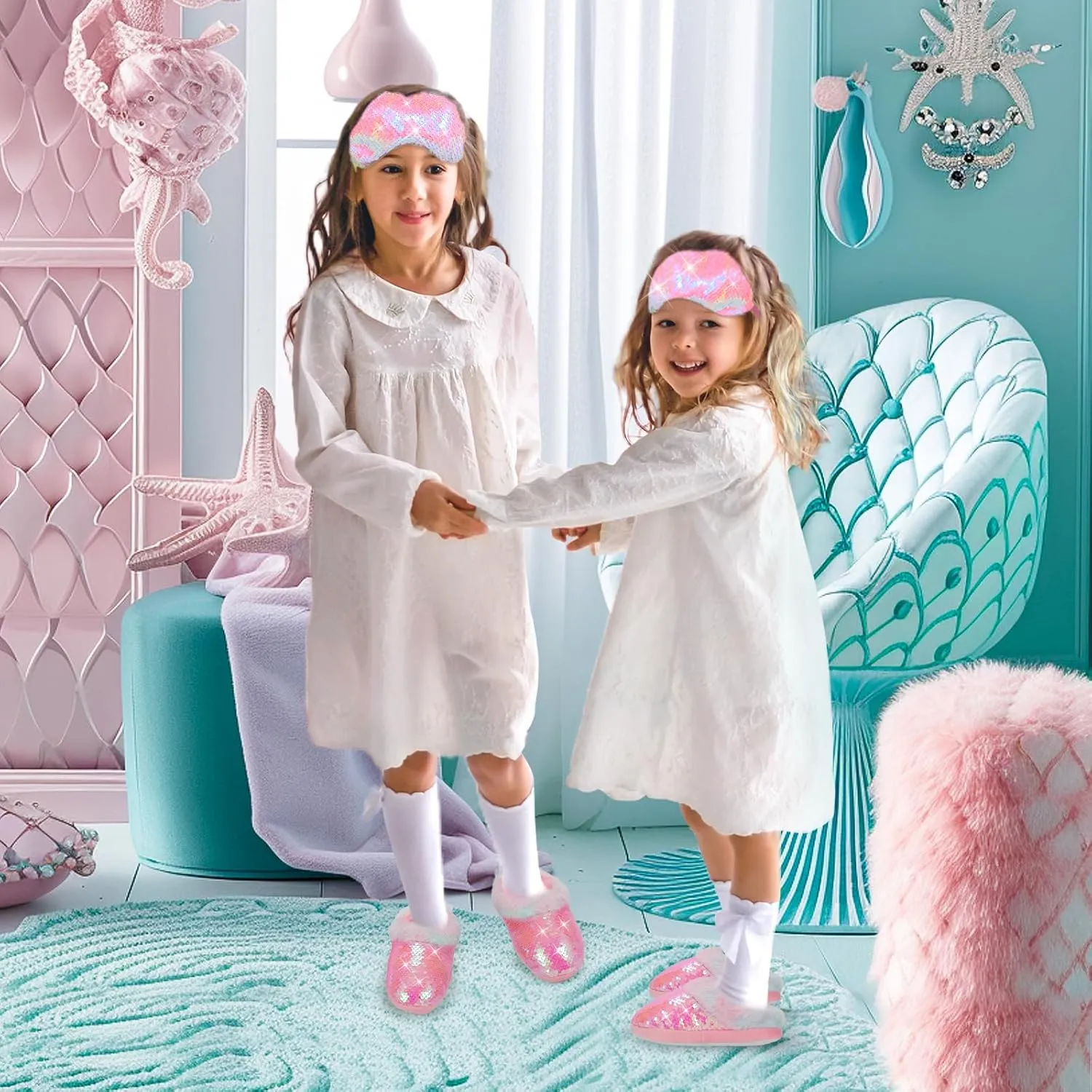 Girls Plush Sequin Slippers With Sleep Mask, Cute Faux Fur Slip-on Shoes Memory Foam House Shoes for Girls Bedroom Slippers