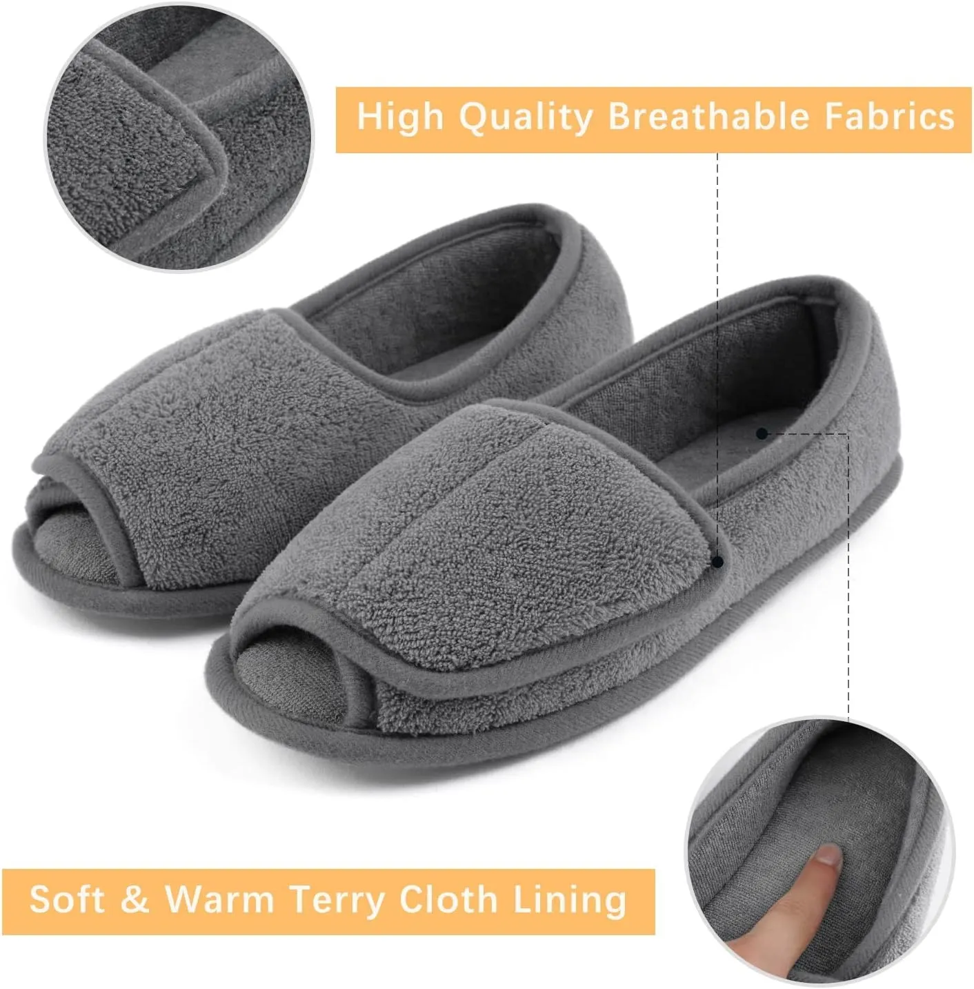 Git-up Diabetic Slippers for Women Memory Foam Arthritis Edema Adjustable Open Toe Swollen Feet Slippers Bedroom House Indoor Outdoor Shoes with Rubber Sole