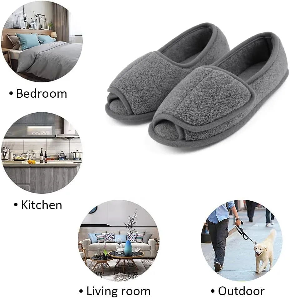 Git-up Diabetic Slippers for Women Memory Foam Arthritis Edema Adjustable Open Toe Swollen Feet Slippers Bedroom House Indoor Outdoor Shoes with Rubber Sole