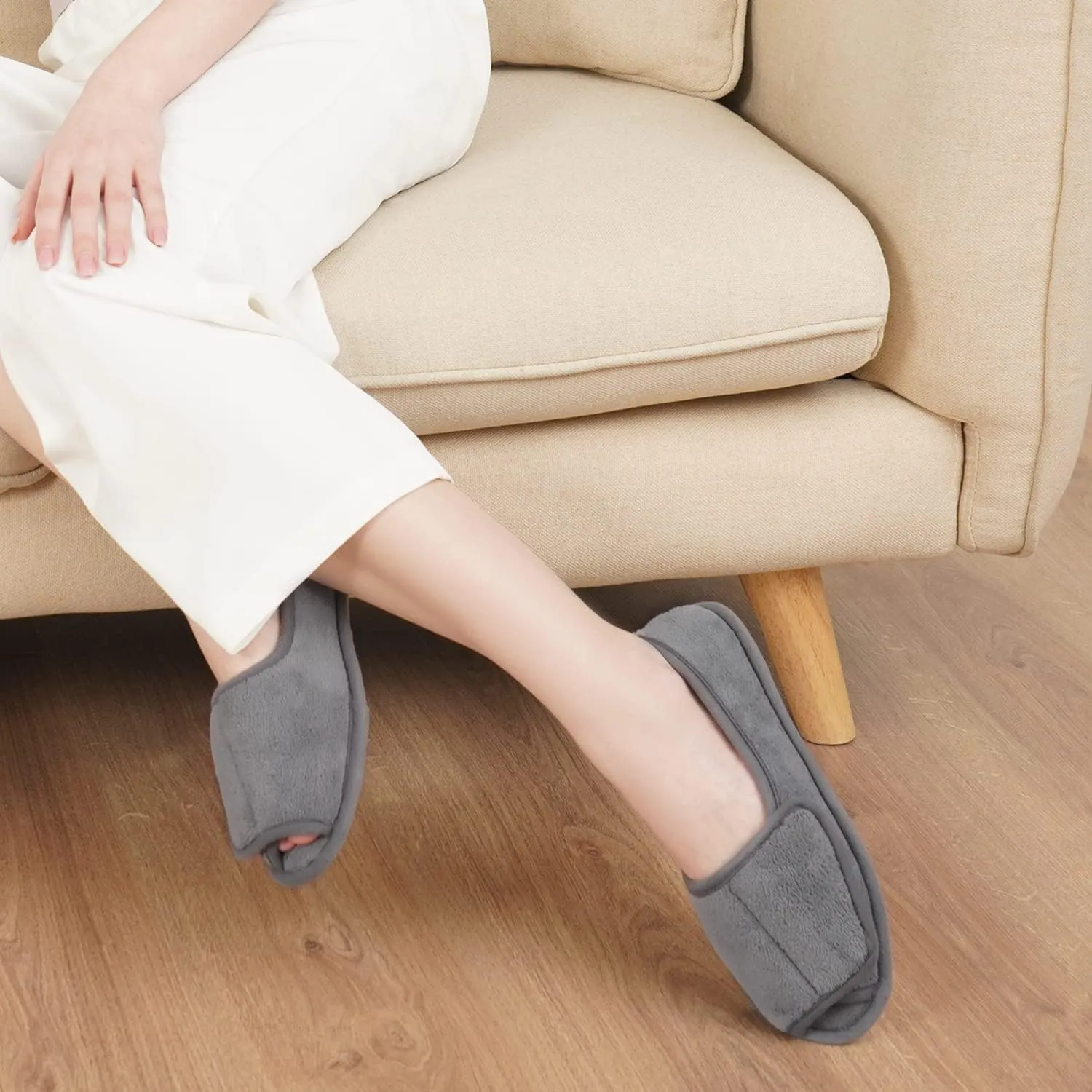 Git-up Diabetic Slippers for Women Memory Foam Arthritis Edema Adjustable Open Toe Swollen Feet Slippers Bedroom House Indoor Outdoor Shoes with Rubber Sole