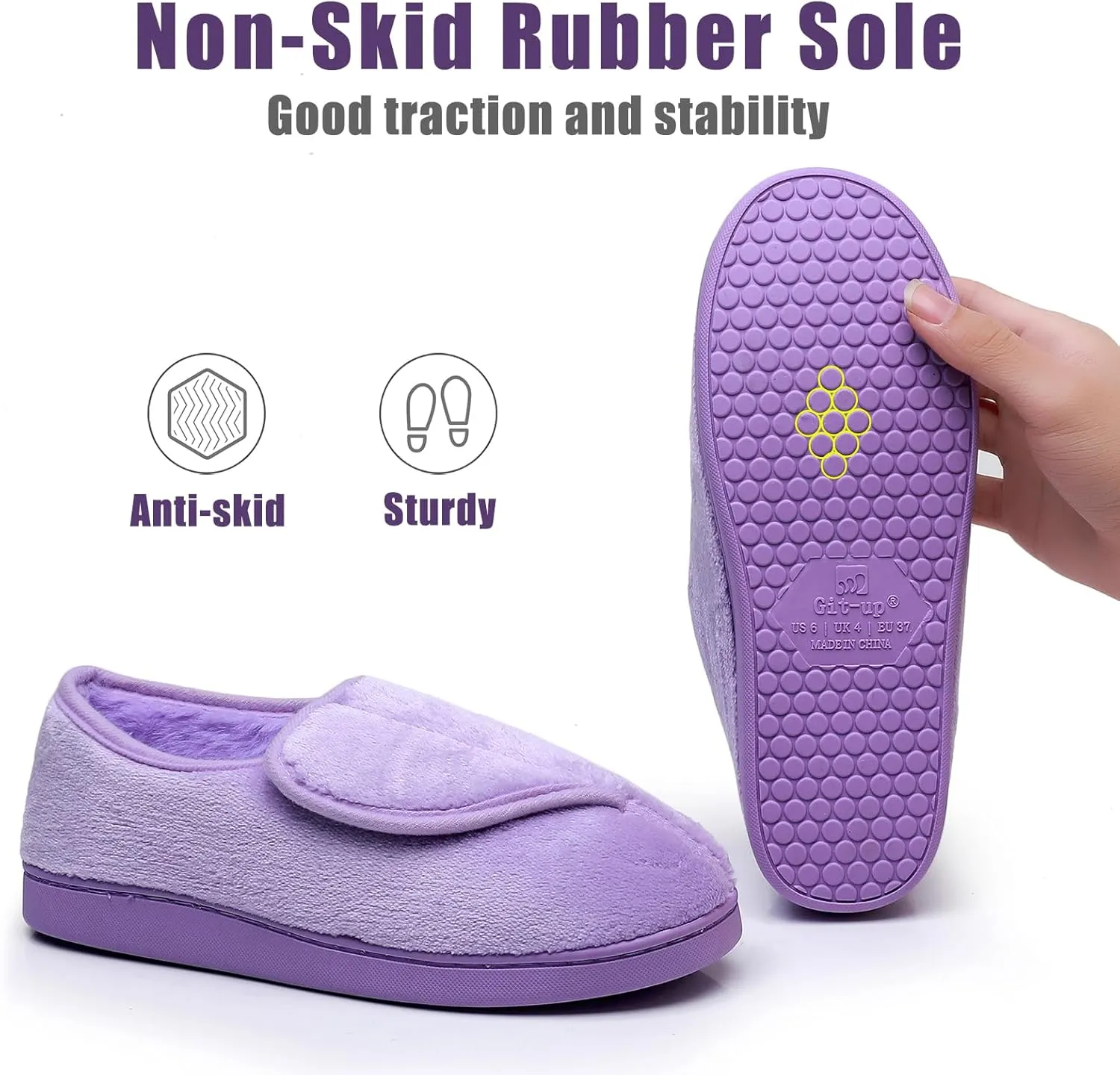 Git-up Women Memory Foam Diabetic Slippers Arthritis Edema Adjustable Closed Toe Swollen Feet Slippers Comfortable House Indoor Outdoor Shoes with Rubber Sole